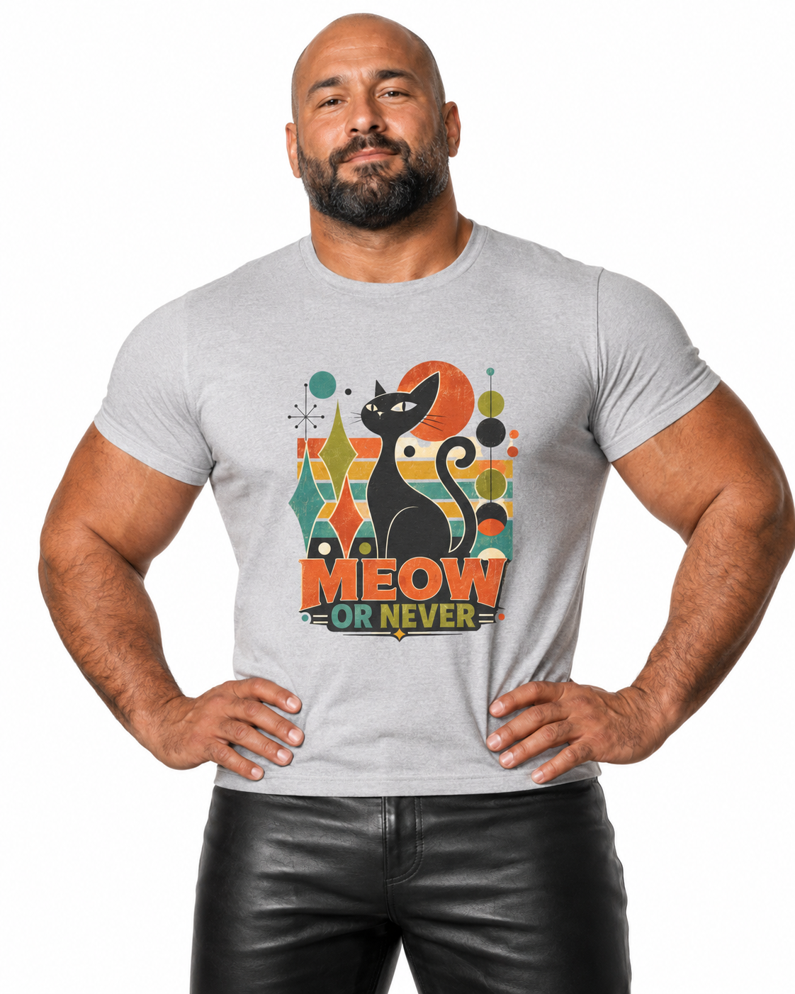 Cat T-Shirt — "Meow or Never" Retro Cat Graphic Tee. Tangentsies Cat Mod t=shirt