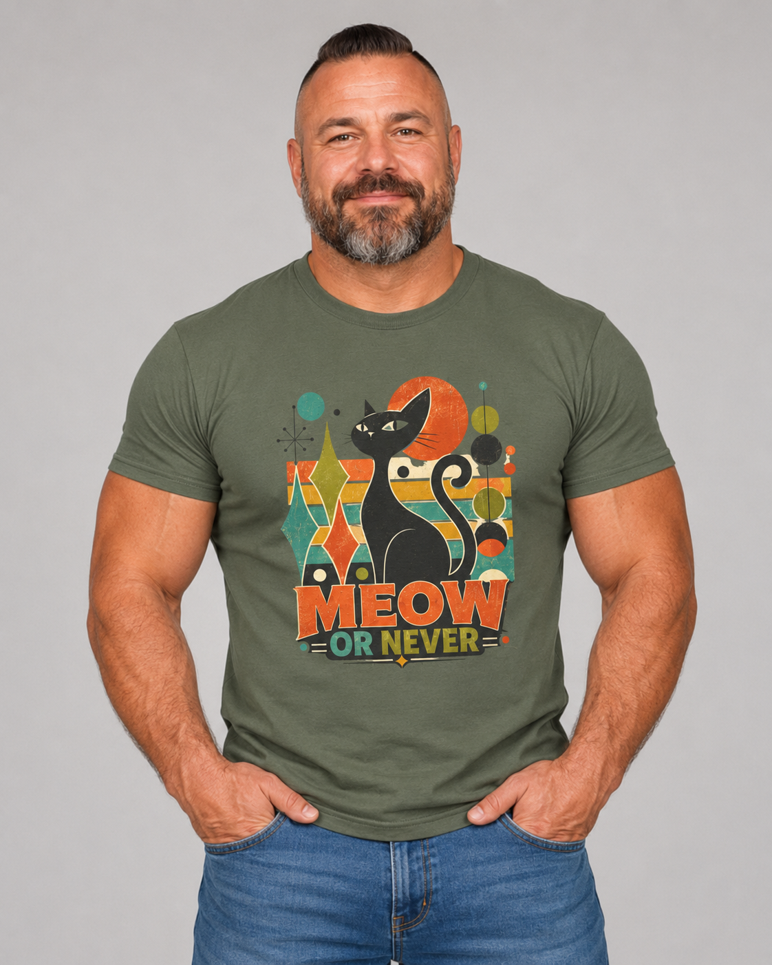 Cat T-Shirt — "Meow or Never" Retro Cat Graphic Tee. Tangentsies Cat Mod t=shirt