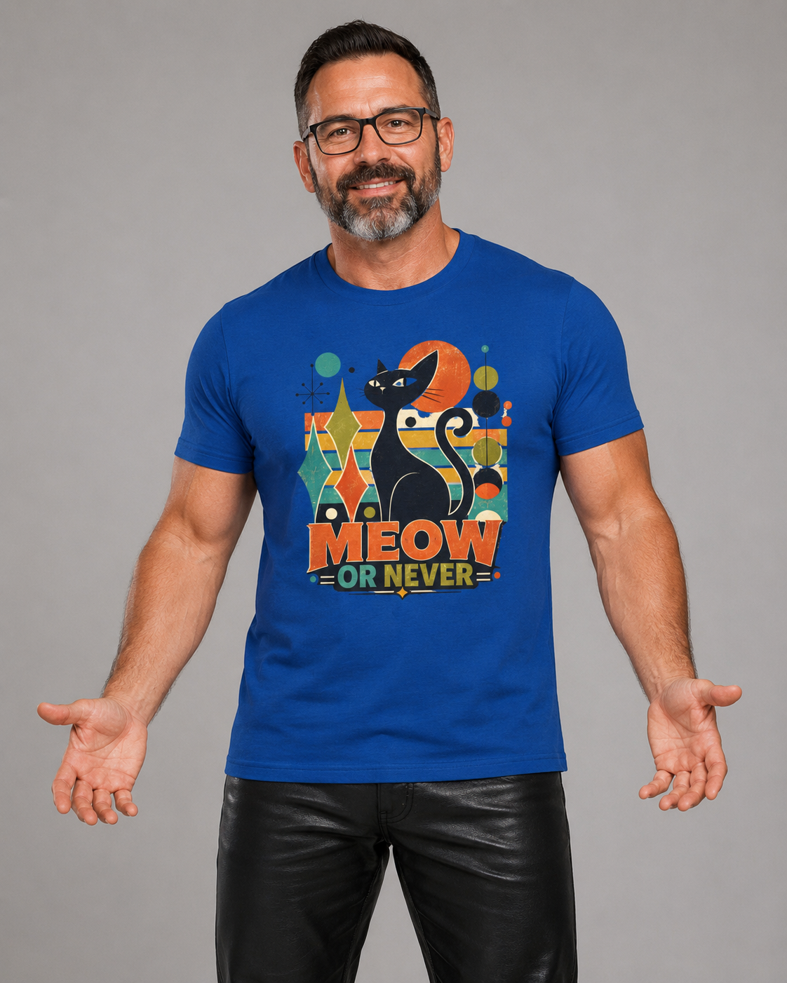 Cat T-Shirt — "Meow or Never" Retro Cat Graphic Tee. Tangentsies Cat Mod t=shirt