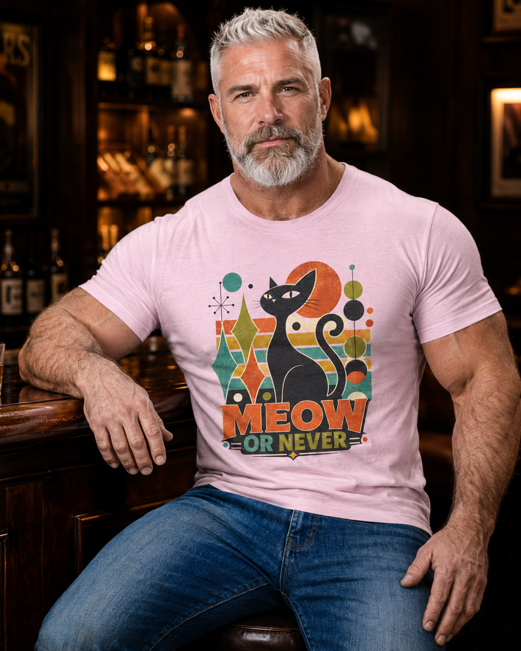Cat T-Shirt — "Meow or Never" Retro Cat Graphic Tee. Tangentsies Cat Mod t=shirt