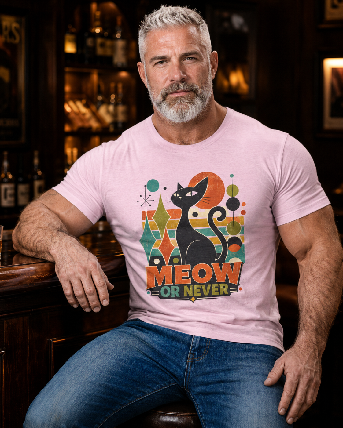 Cat T-Shirt — "Meow or Never" Retro Cat Graphic Tee. Tangentsies Cat Mod t=shirt