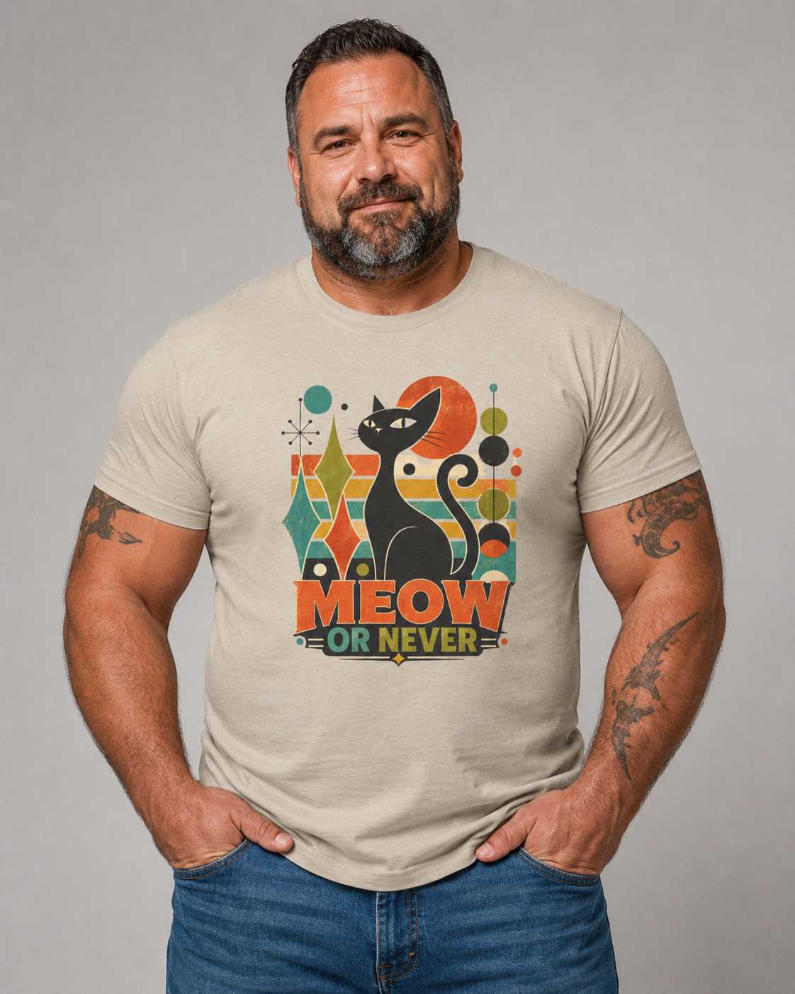 Cat T-Shirt — "Meow or Never" Retro Cat Graphic Tee. Tangentsies Cat Mod t=shirt