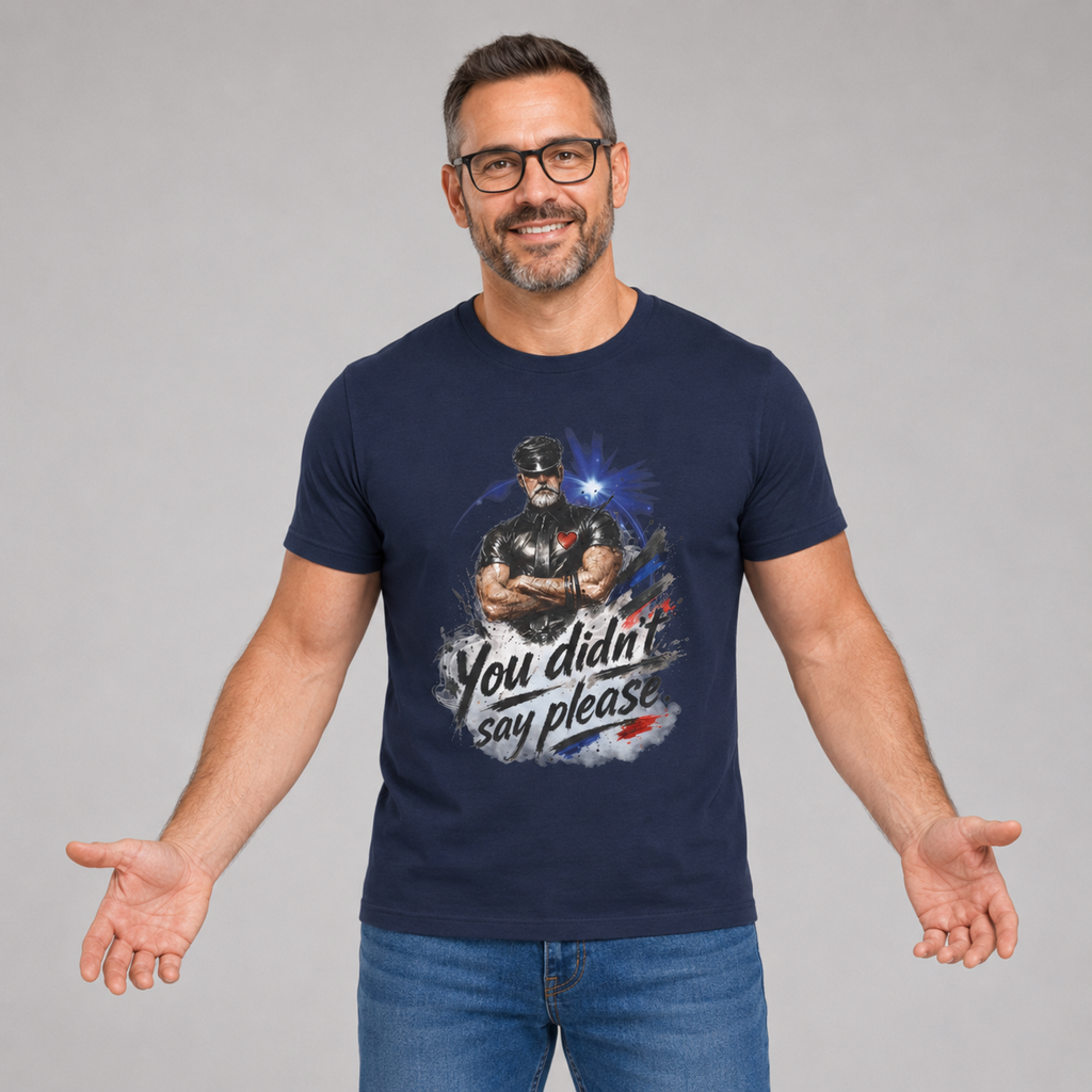 T-Shirt — "You Didn't Say Please" Leatherman graphic of an Alpha male in leather