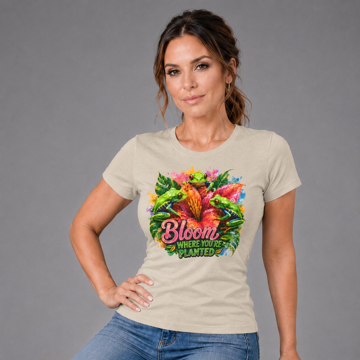 Bloom Where You're Planted Floral T-Shirt — Colorful Garden Graphic Tee. Tree Frogs t-shirt
