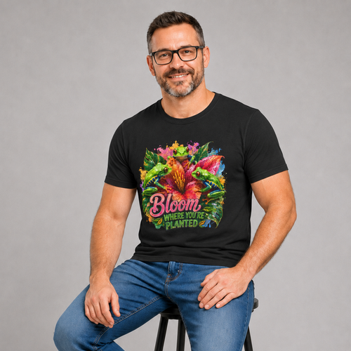 Bloom Where You're Planted Floral T-Shirt — Colorful Garden Graphic Tee. Tree Frogs t-shirt