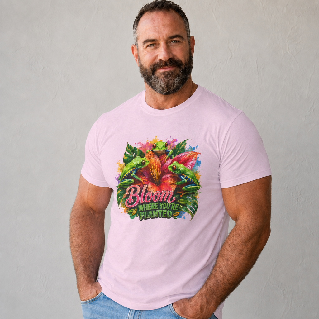 Bloom Where You're Planted Floral T-Shirt — Colorful Garden Graphic Tee. Tree Frogs t-shirt