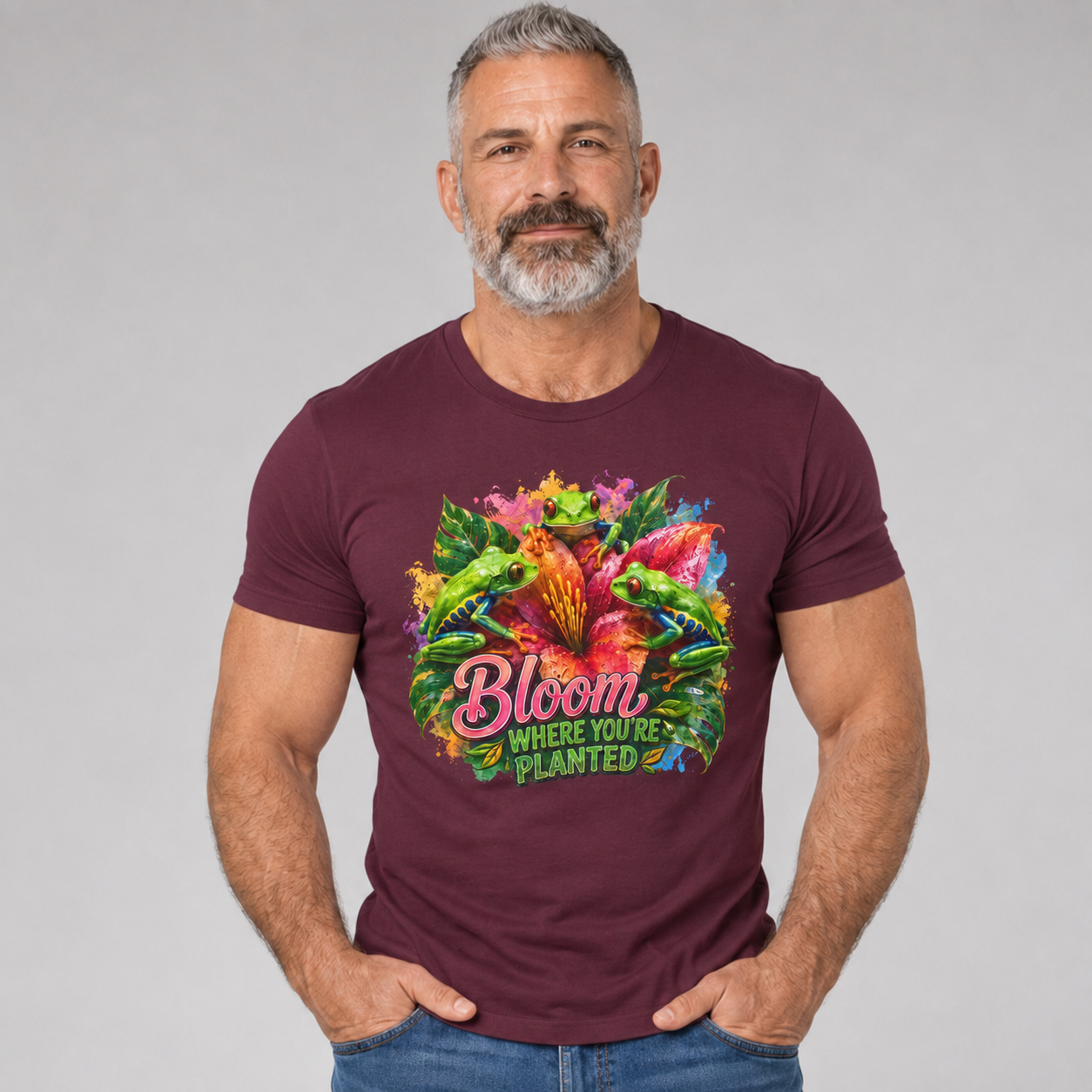 Bloom Where You're Planted Floral T-Shirt — Colorful Garden Graphic Tee. Tree Frogs t-shirt