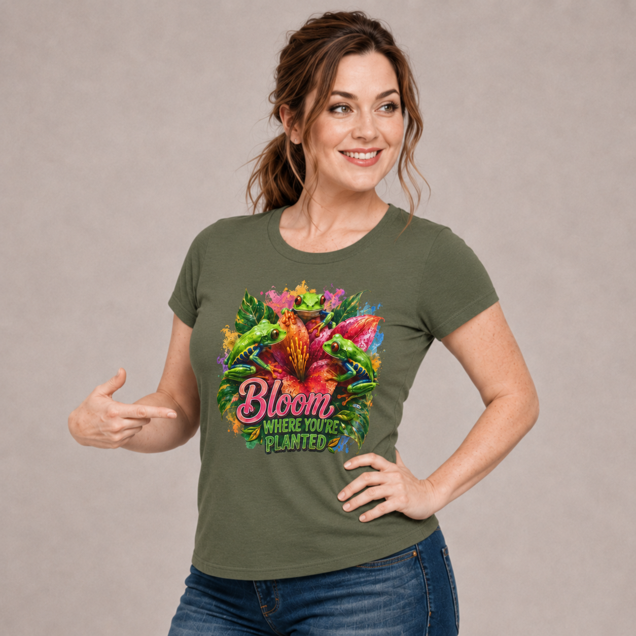 Bloom Where You're Planted Floral T-Shirt — Colorful Garden Graphic Tee. Tree Frogs t-shirt