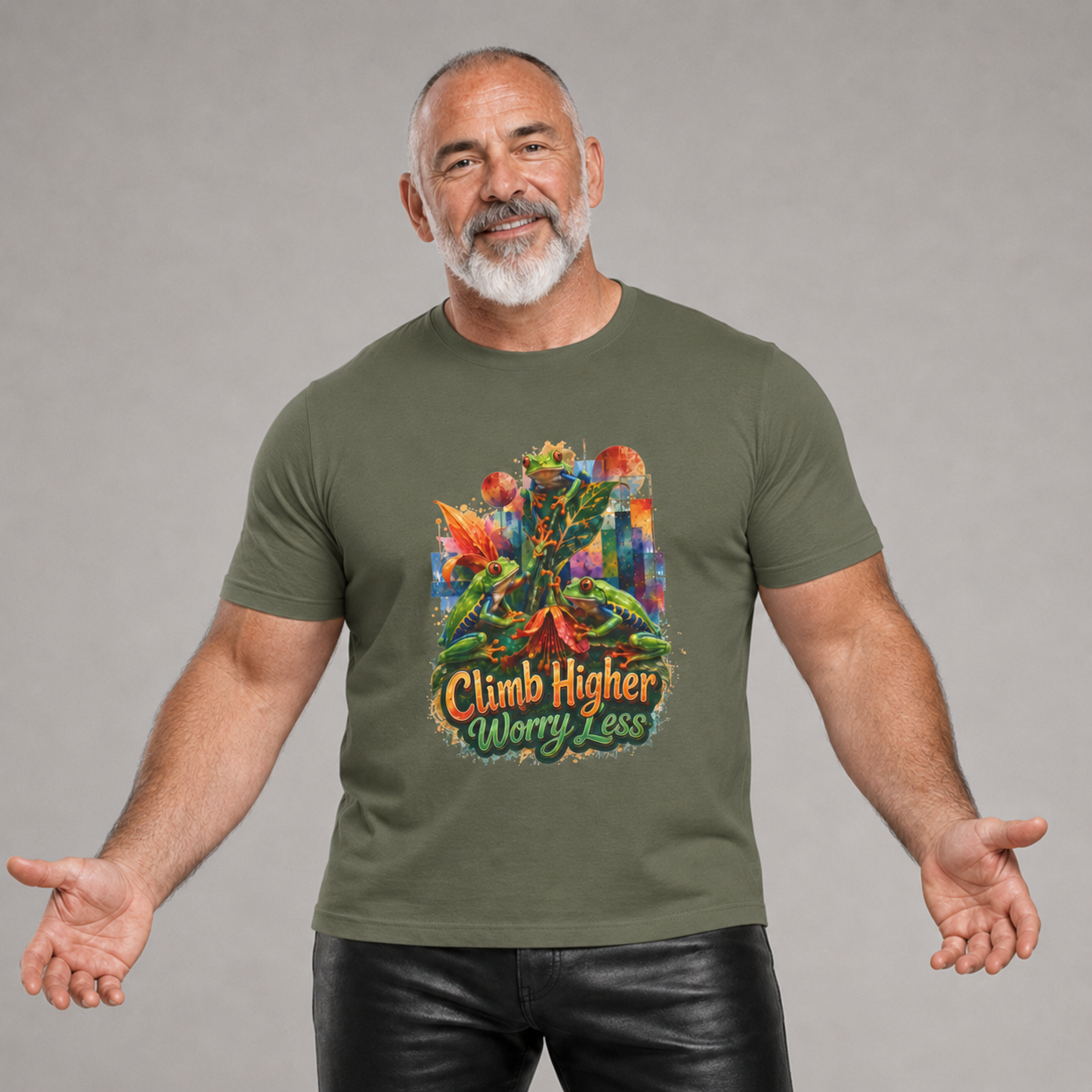 Climb Higher Worry Less T-Shirt Tree Frog t-shirt for the ecofriendly, tree huggers.