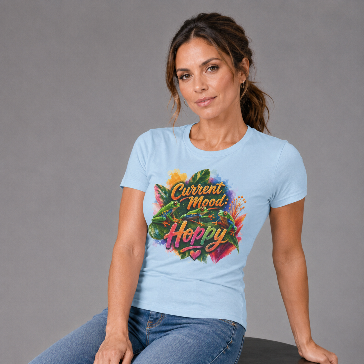 T‑Shirt — "Current Mood: Hoppy" Colorful Frog Graphic Tee. Tree Frogs eco-friendly awareness.