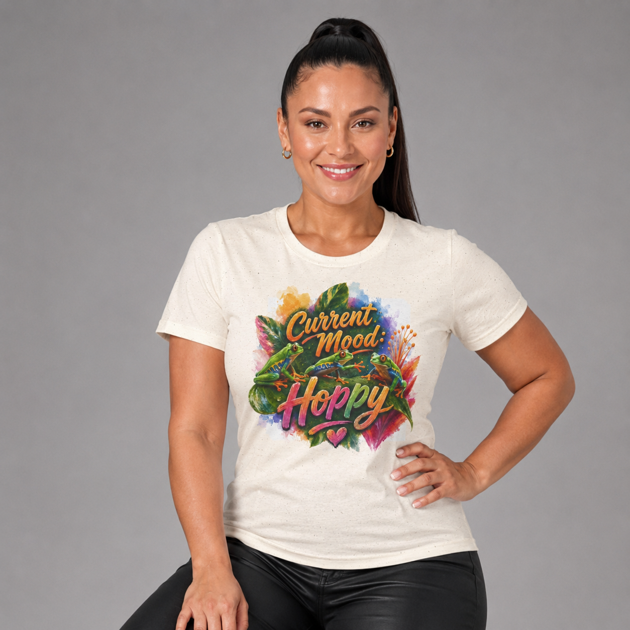 T‑Shirt — "Current Mood: Hoppy" Colorful Frog Graphic Tee. Tree Frogs eco-friendly awareness.
