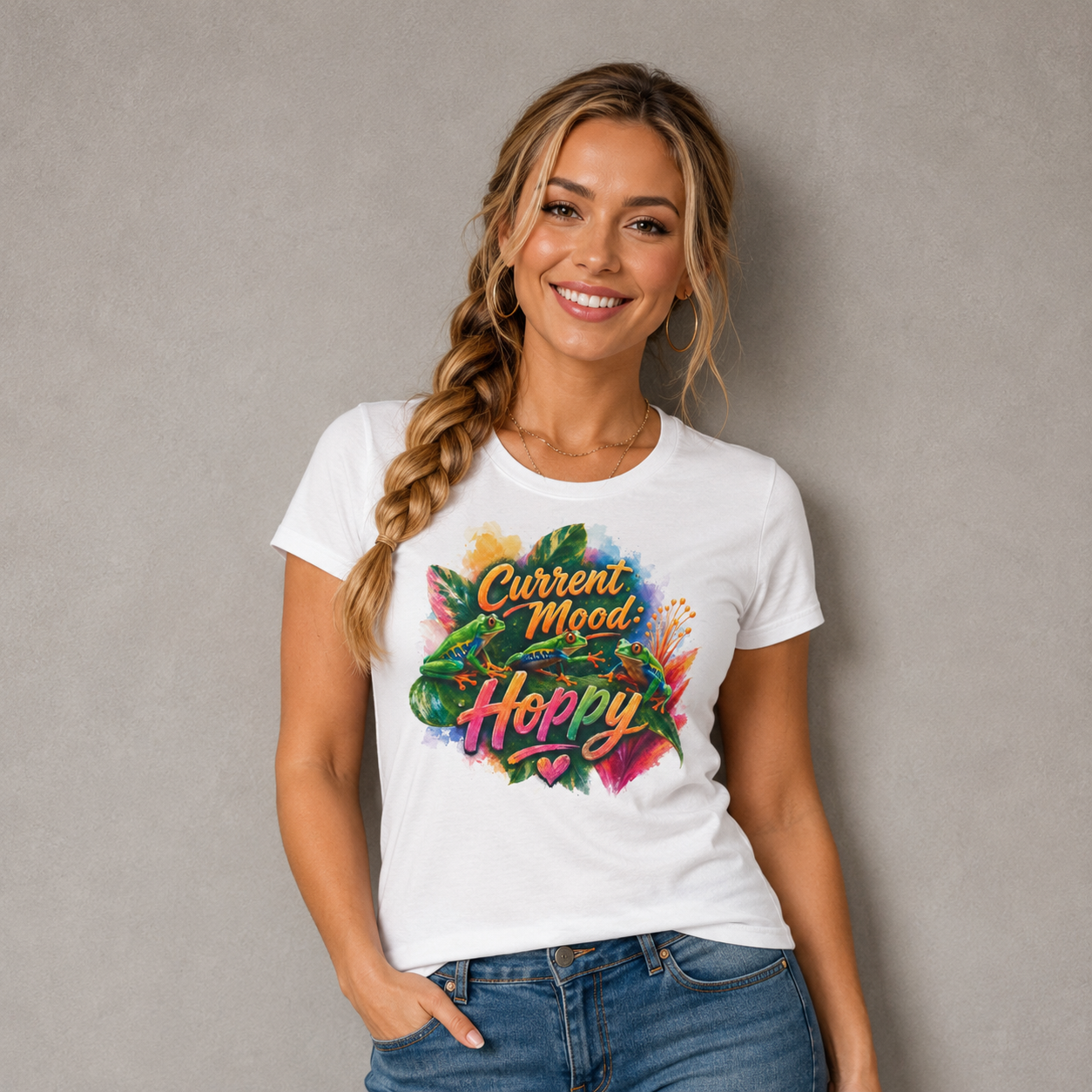 T‑Shirt — "Current Mood: Hoppy" Colorful Frog Graphic Tee. Tree Frogs eco-friendly awareness.