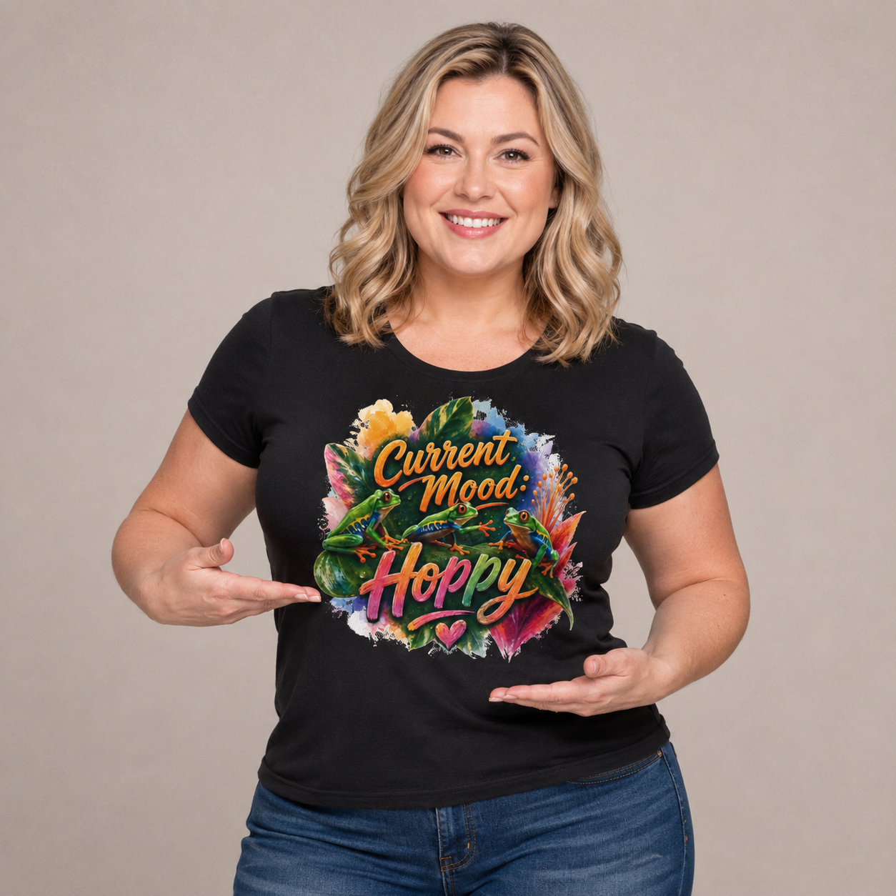 T‑Shirt — "Current Mood: Hoppy" Colorful Frog Graphic Tee. Tree Frogs eco-friendly awareness.