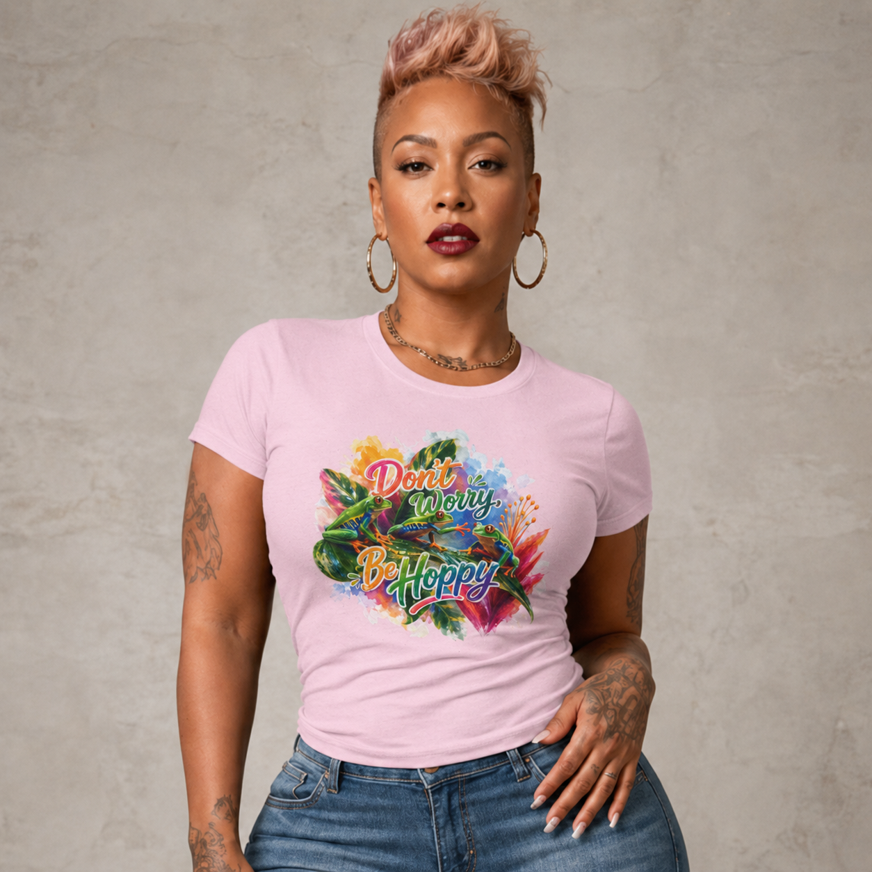 T-Shirt — "Don't Worry Be Hoppy" Tropical Frog Graphic Tee