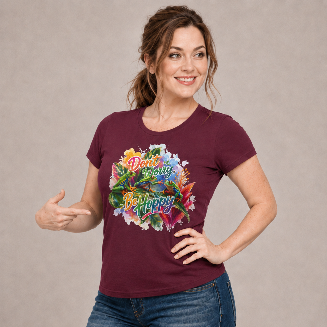 T-Shirt — "Don't Worry Be Hoppy" Tropical Frog Graphic Tee