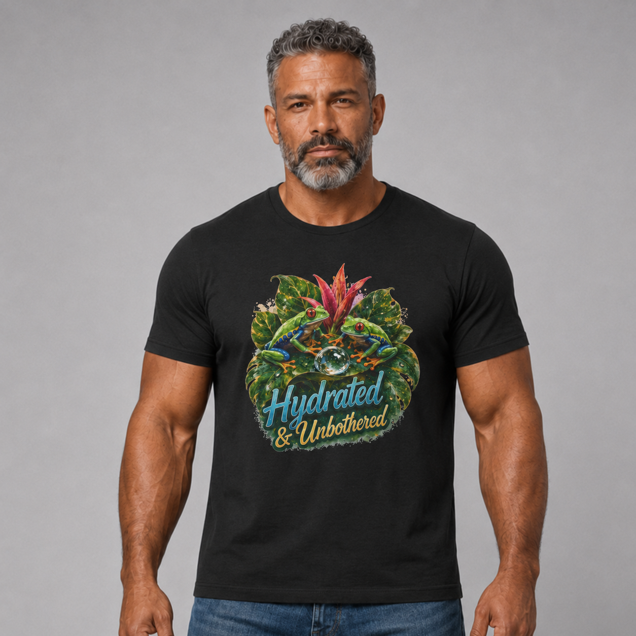 T-Shirt — Hydrated & Unbothered Tropical Frog Graphic Tee Tree Frog Tee. Eco-Tee