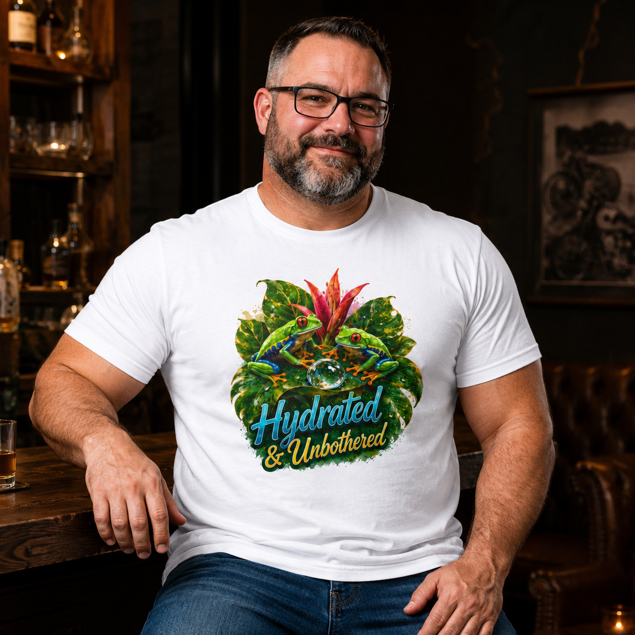 T-Shirt — Hydrated & Unbothered Tropical Frog Graphic Tee Tree Frog Tee. Eco-Tee