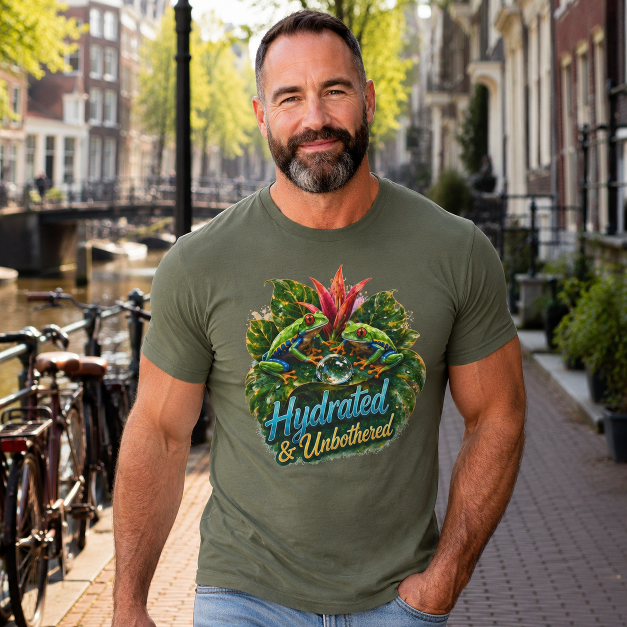 T-Shirt — Hydrated & Unbothered Tropical Frog Graphic Tee Tree Frog Tee. Eco-Tee