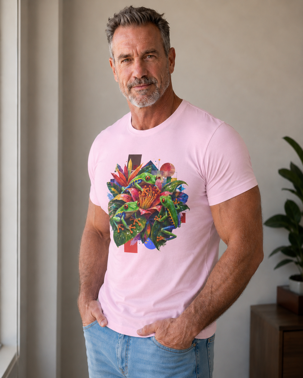 T-Shirt — Tropical Floral Collage Tee. Frog tee, Tree Frogs in Foliage. Eco-friendly reminder.