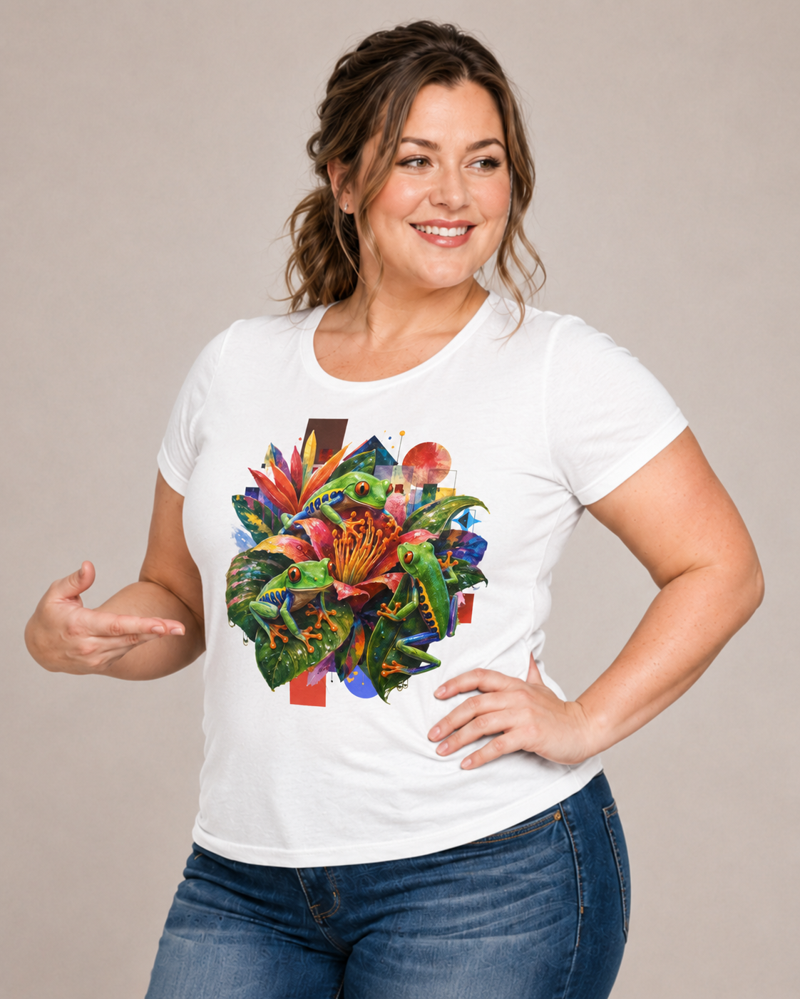 T-Shirt — Tropical Floral Collage Tee. Frog tee, Tree Frogs in Foliage. Eco-friendly reminder.