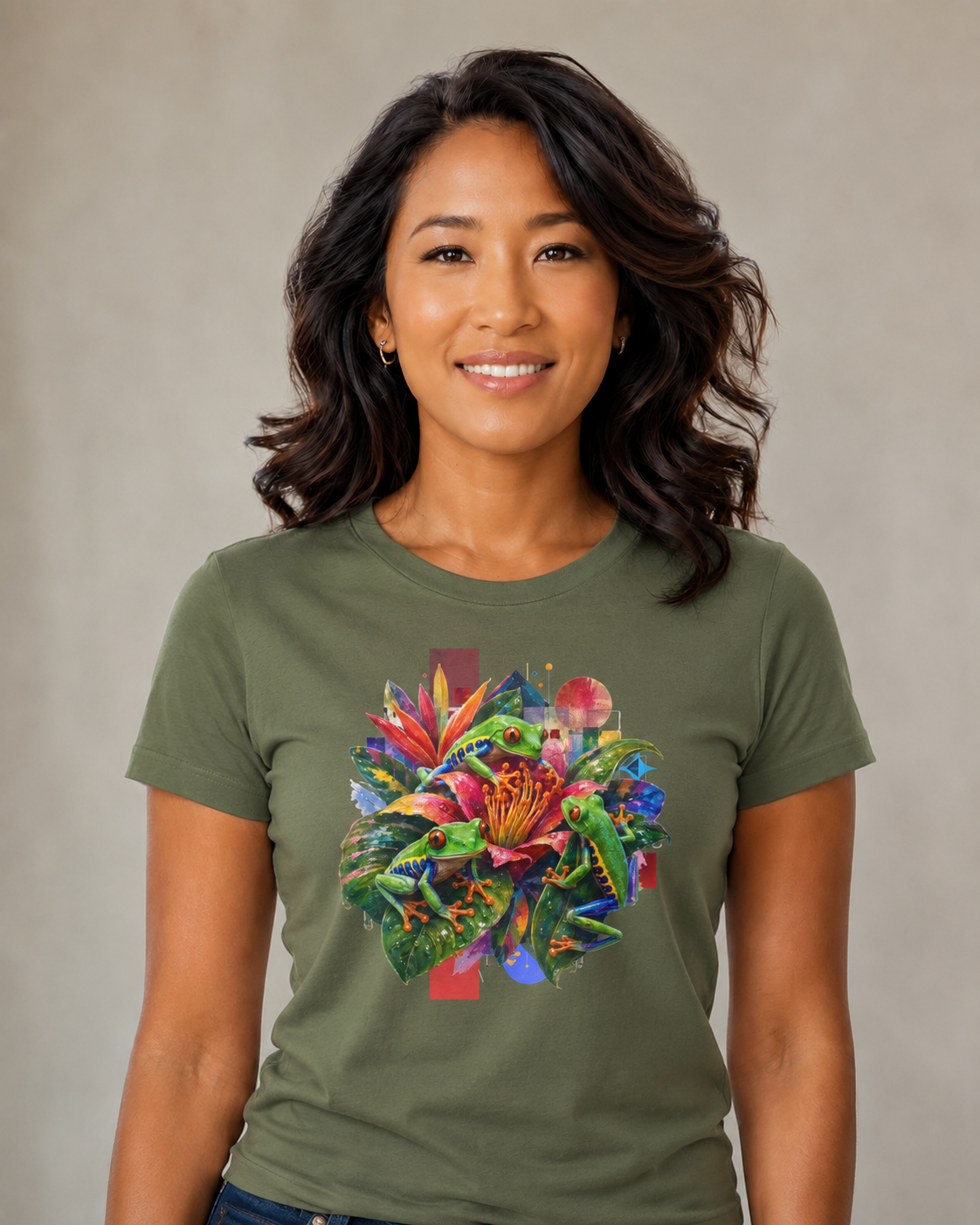 T-Shirt — Tropical Floral Collage Tee. Frog tee, Tree Frogs in Foliage. Eco-friendly reminder.