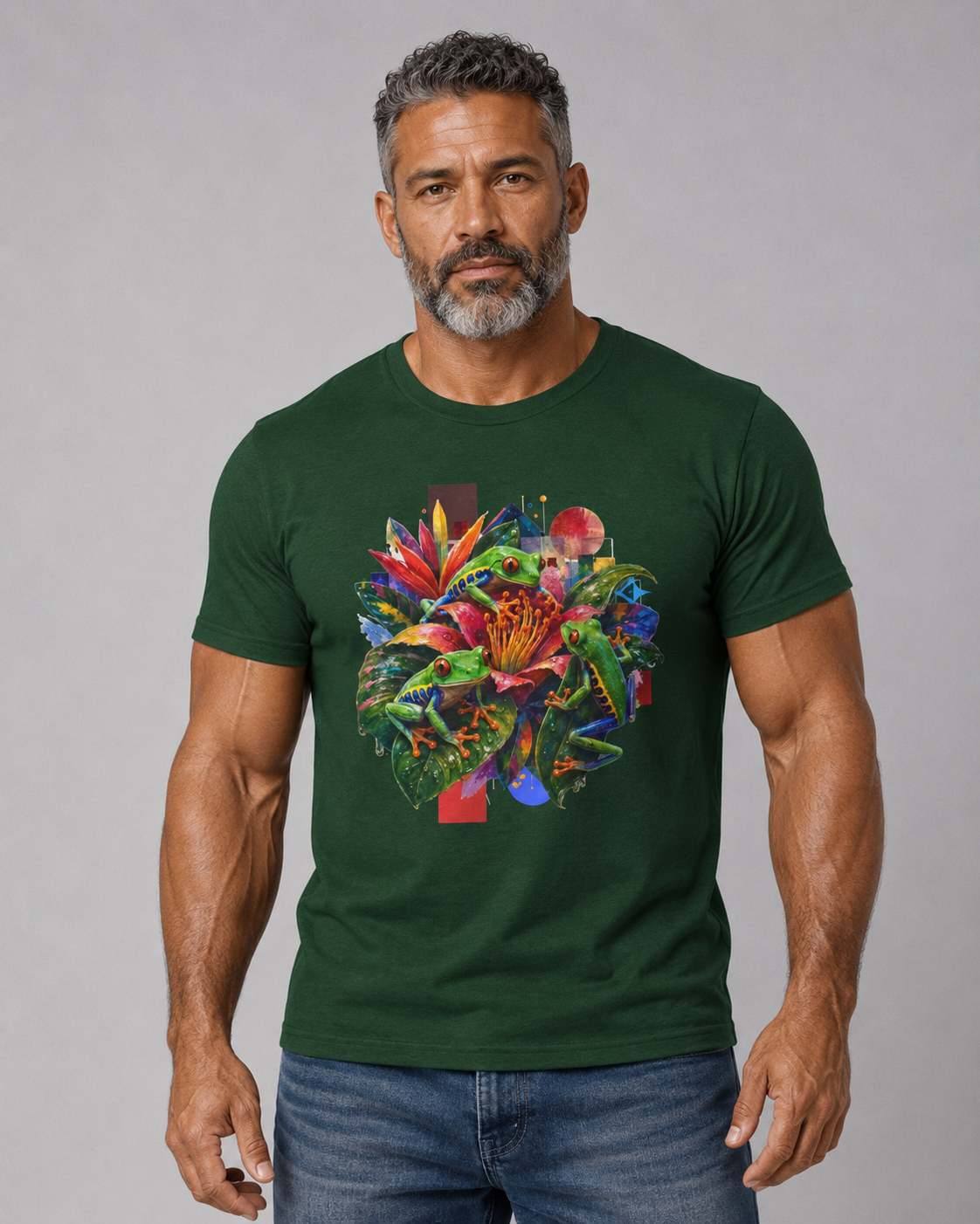 T-Shirt — Tropical Floral Collage Tee. Frog tee, Tree Frogs in Foliage. Eco-friendly reminder.