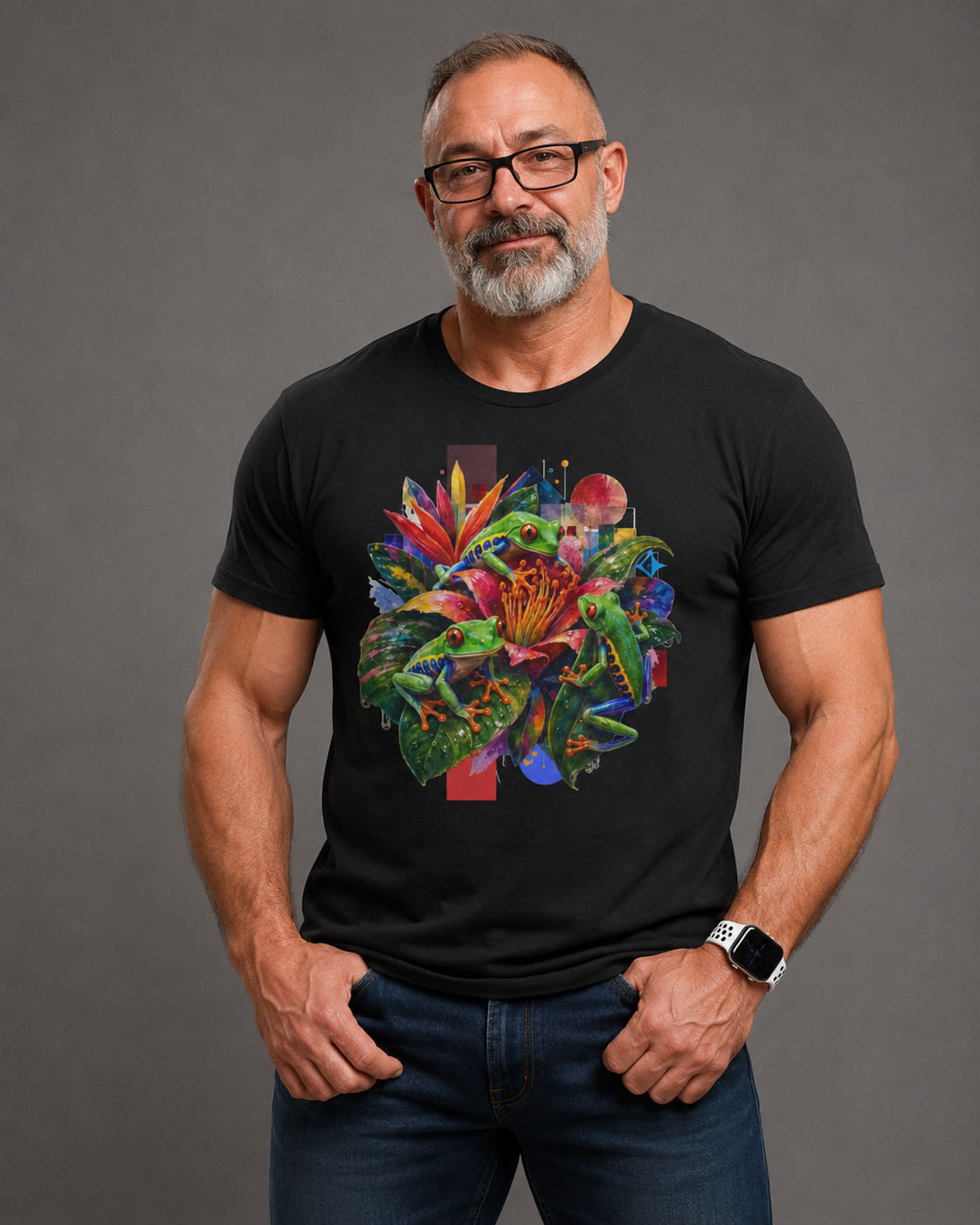 T-Shirt — Tropical Floral Collage Tee. Frog tee, Tree Frogs in Foliage. Eco-friendly reminder.