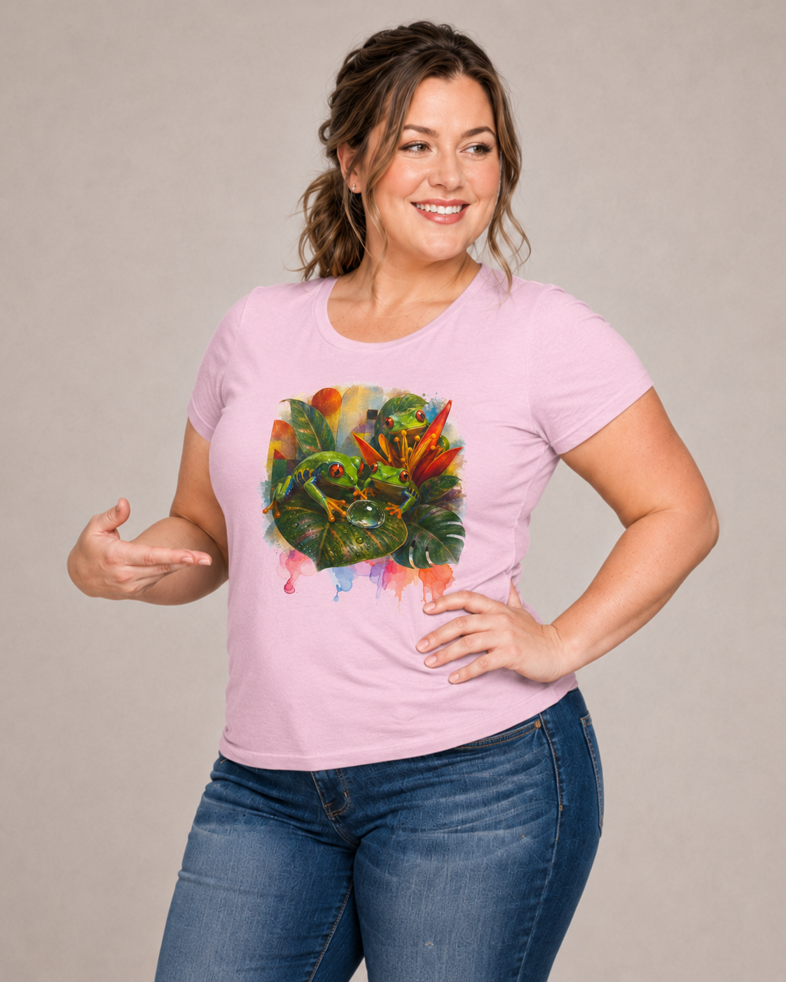 Tropical Leaf Watercolor T-Shirt — Vibrant Botanical Tee. Tree Frog tee