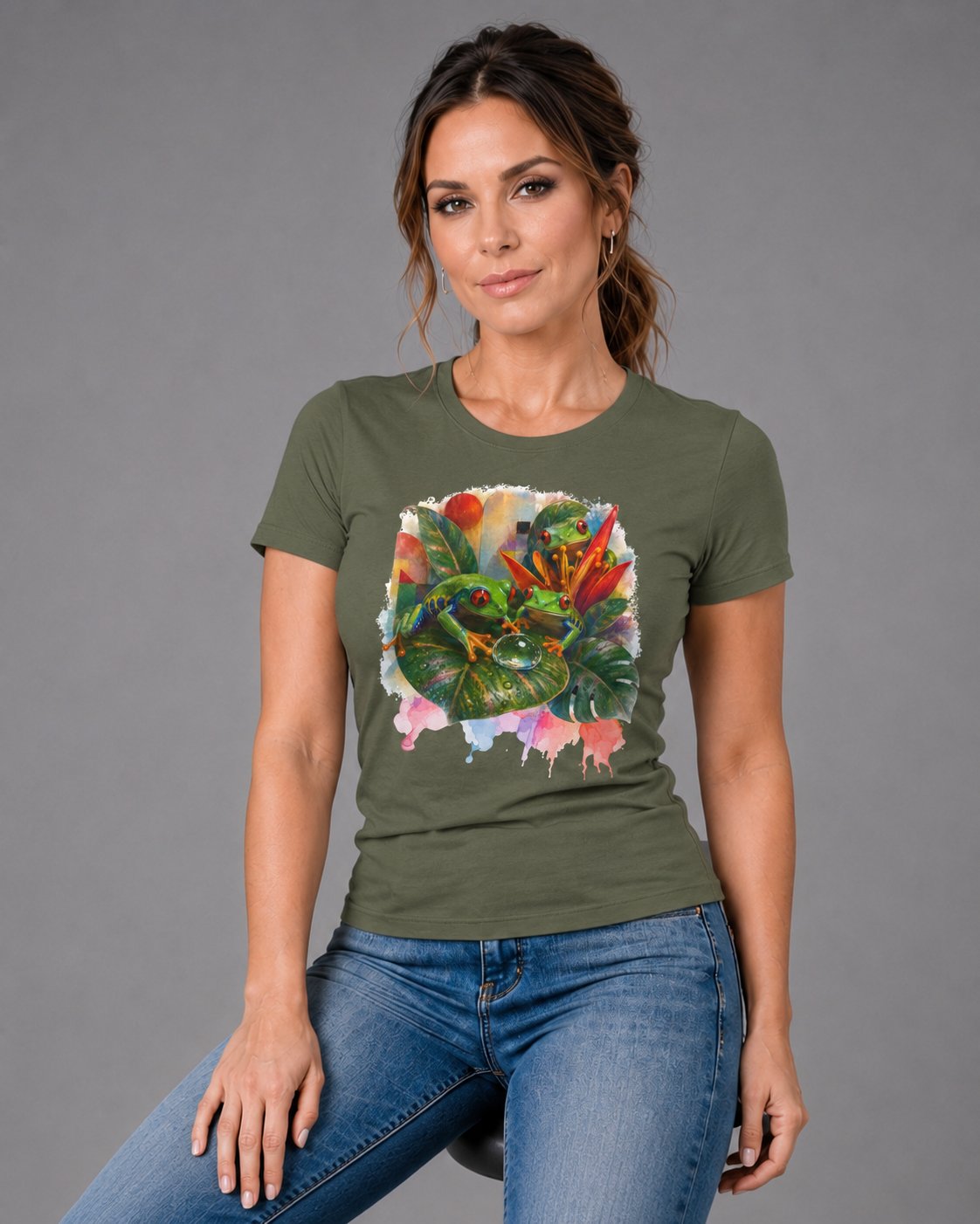 Tropical Leaf Watercolor T-Shirt — Vibrant Botanical Tee. Tree Frog tee