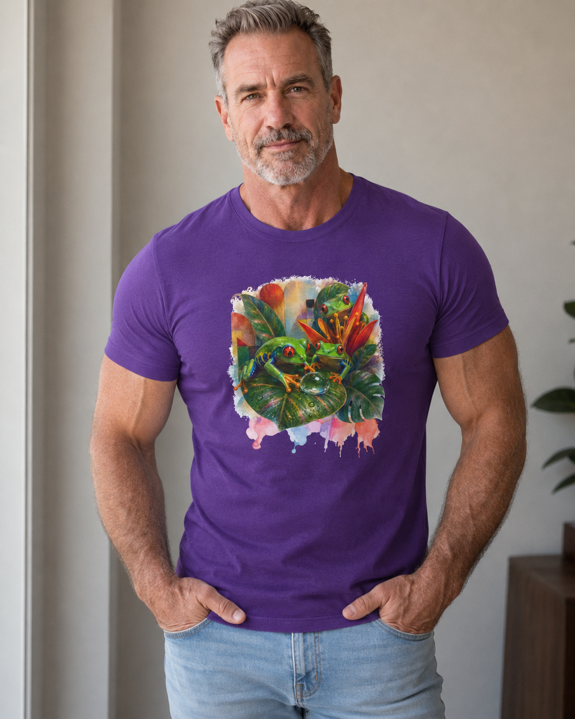 Tropical Leaf Watercolor T-Shirt — Vibrant Botanical Tee. Tree Frog tee