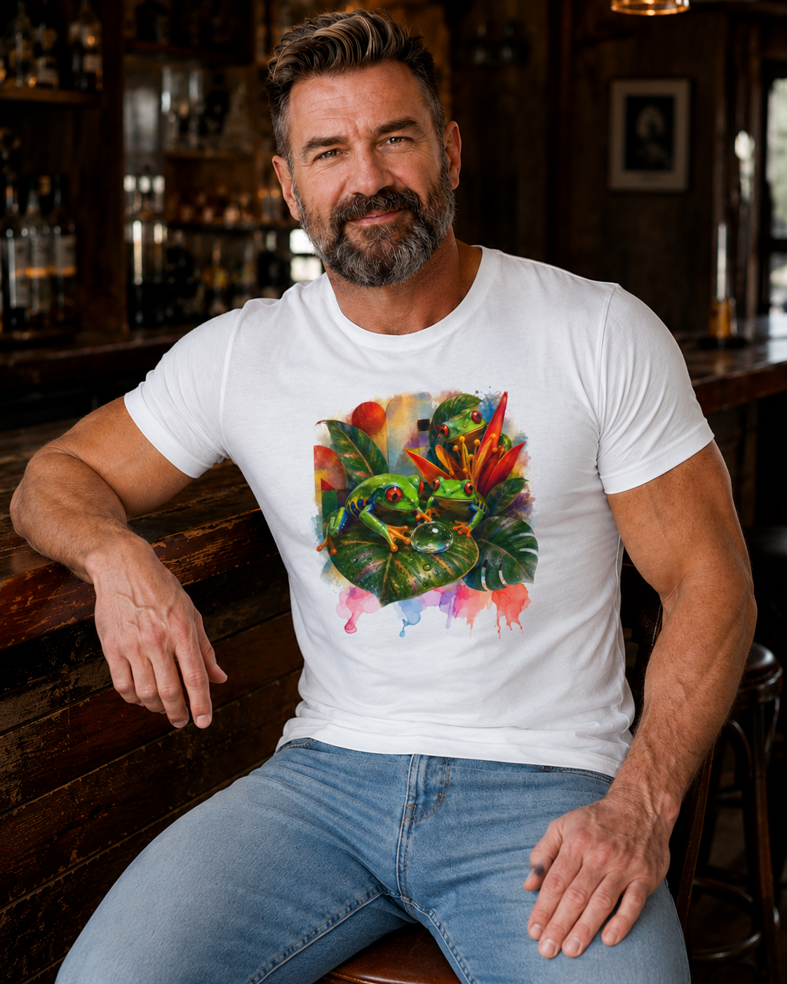 Tropical Leaf Watercolor T-Shirt — Vibrant Botanical Tee. Tree Frog tee