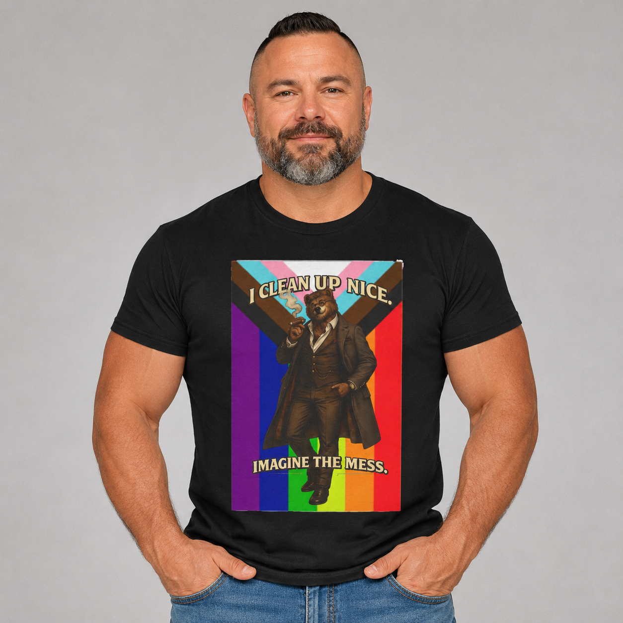 I Clean Up Nice T-Shirt — Funny Retro Pride Graphic Tee (Imagine the Mess) Bears, leather and all inclusive shirt