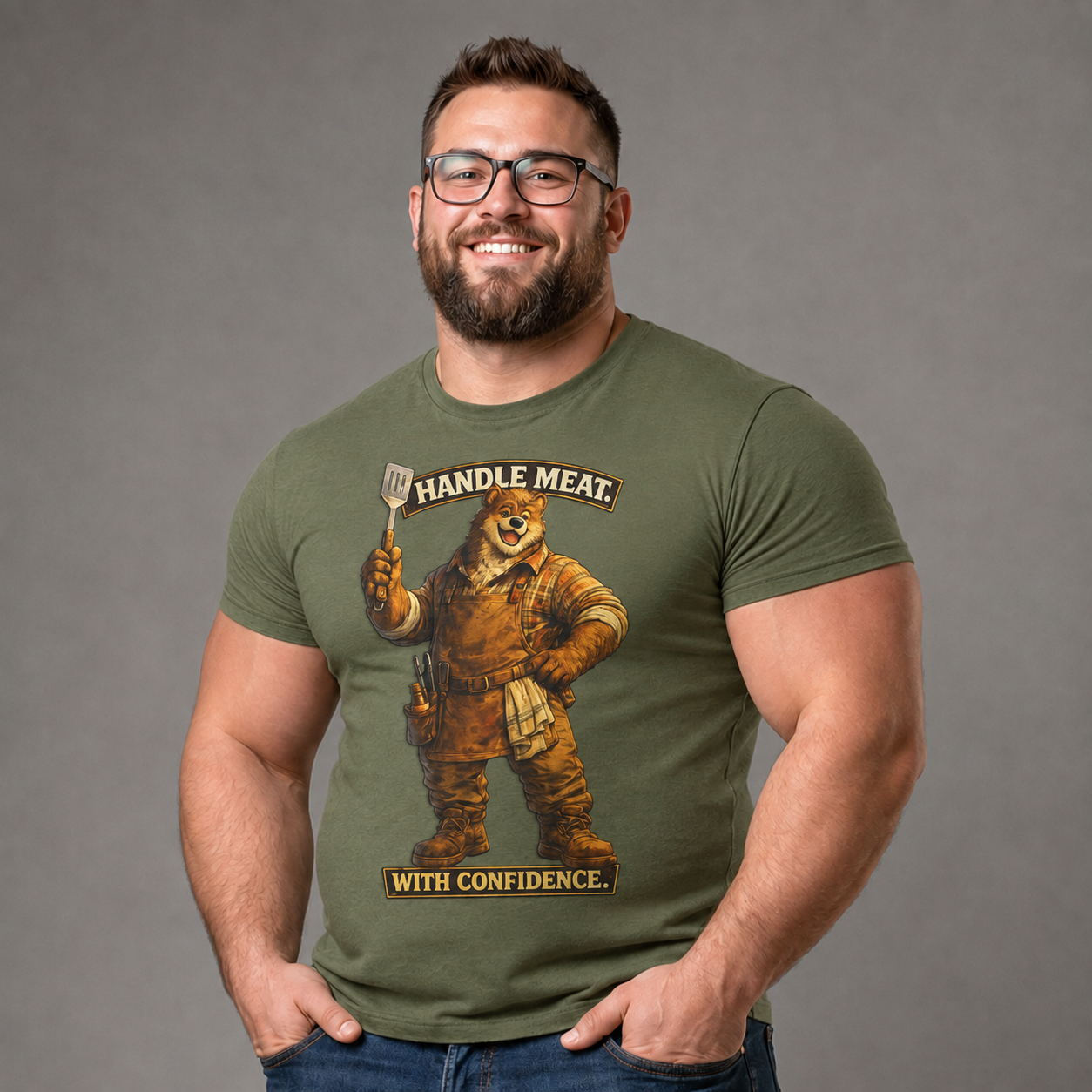Bear Butcher Tee — "Handle Meat With Confidence" Graphic T-Shirt. Cheeky bear shirt. For the grill master in your life.