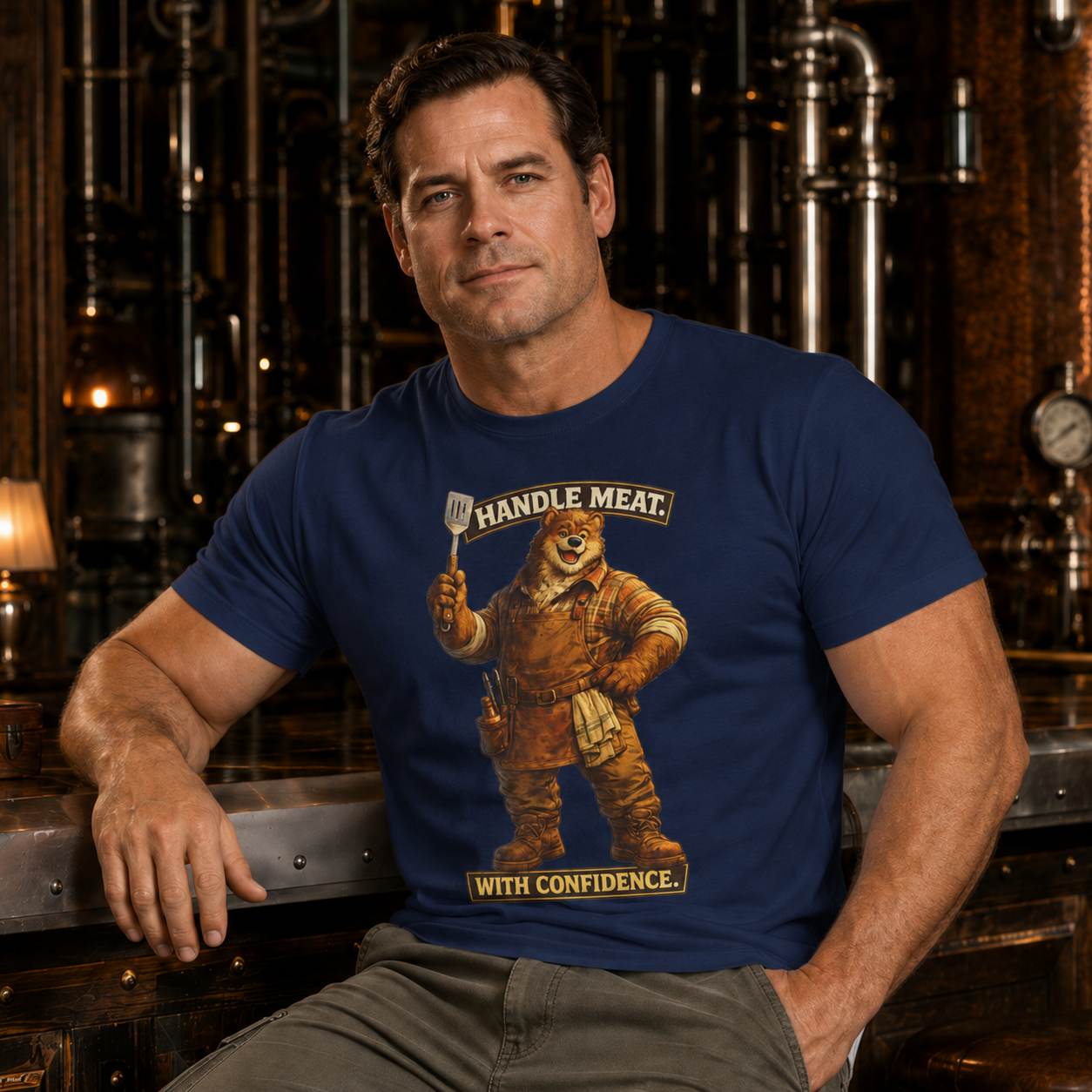 Bear Butcher Tee — "Handle Meat With Confidence" Graphic T-Shirt. Cheeky bear shirt. For the grill master in your life.