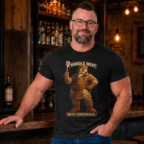 Bear Butcher Tee — "Handle Meat With Confidence" Graphic T-Shirt. Cheeky bear shirt. For the grill master in your life.