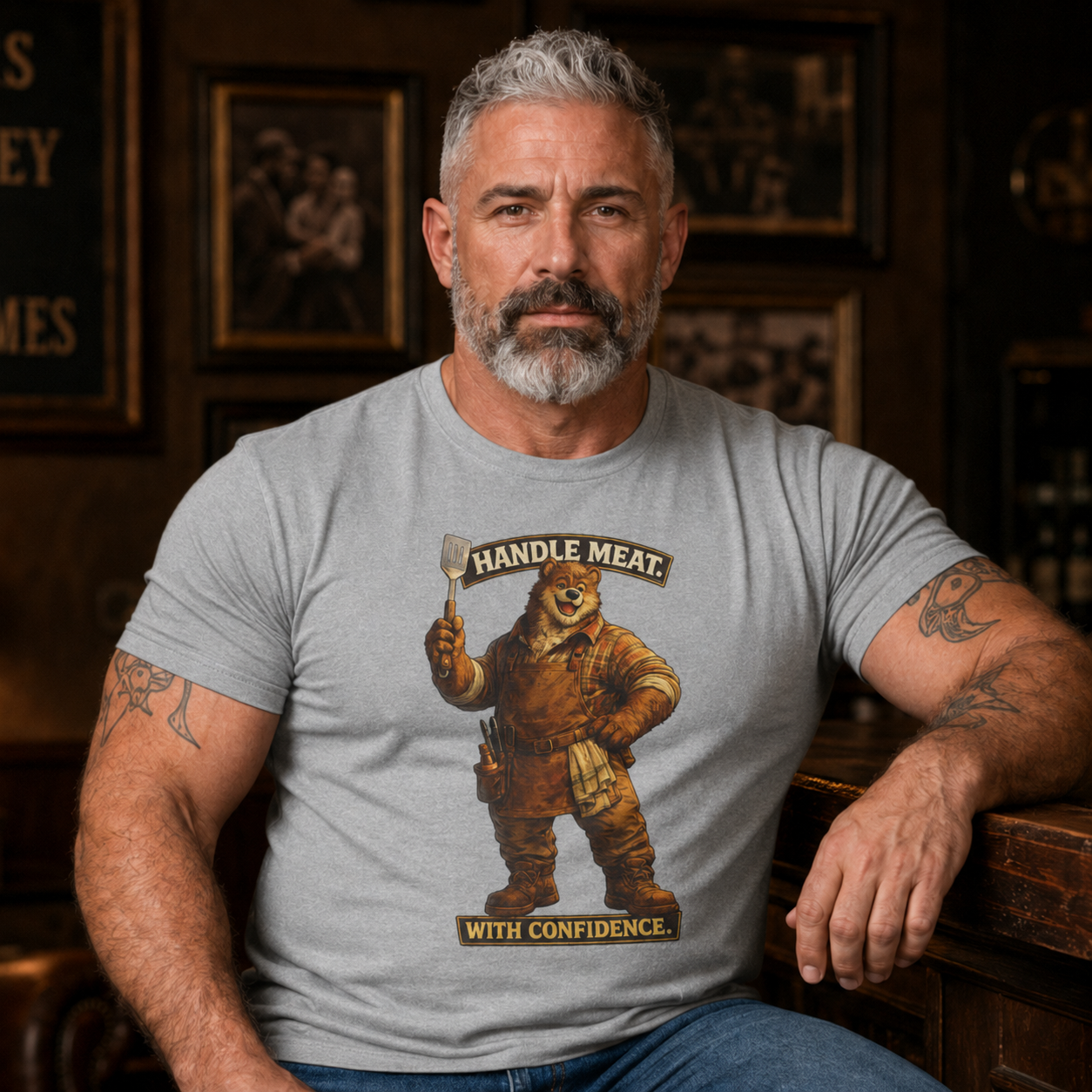 Bear Butcher Tee — "Handle Meat With Confidence" Graphic T-Shirt. Cheeky bear shirt. For the grill master in your life.