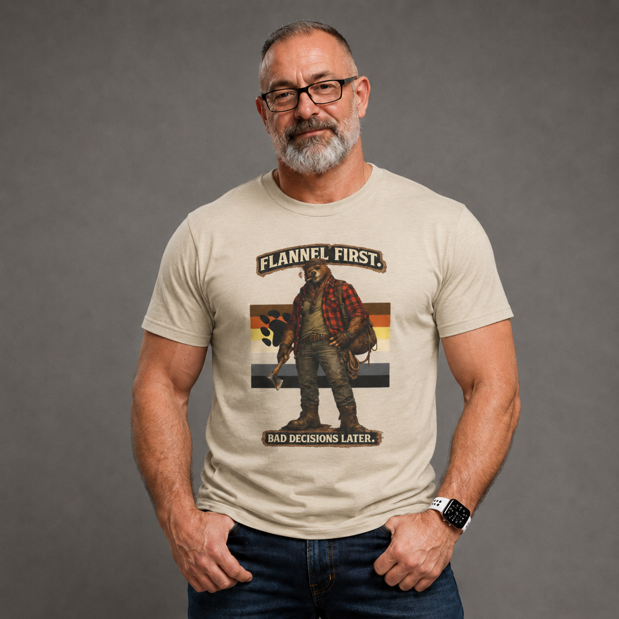 Flannel First Tee — 'Flannel First, Bad Decisions Later' Lumberjack Graphic T-Shirt, Bear shirt for Bear men.