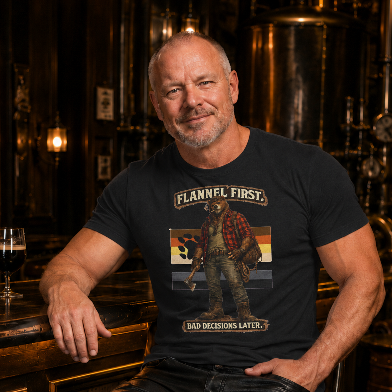 Flannel First Tee — 'Flannel First, Bad Decisions Later' Lumberjack Graphic T-Shirt, Bear shirt for Bear men.