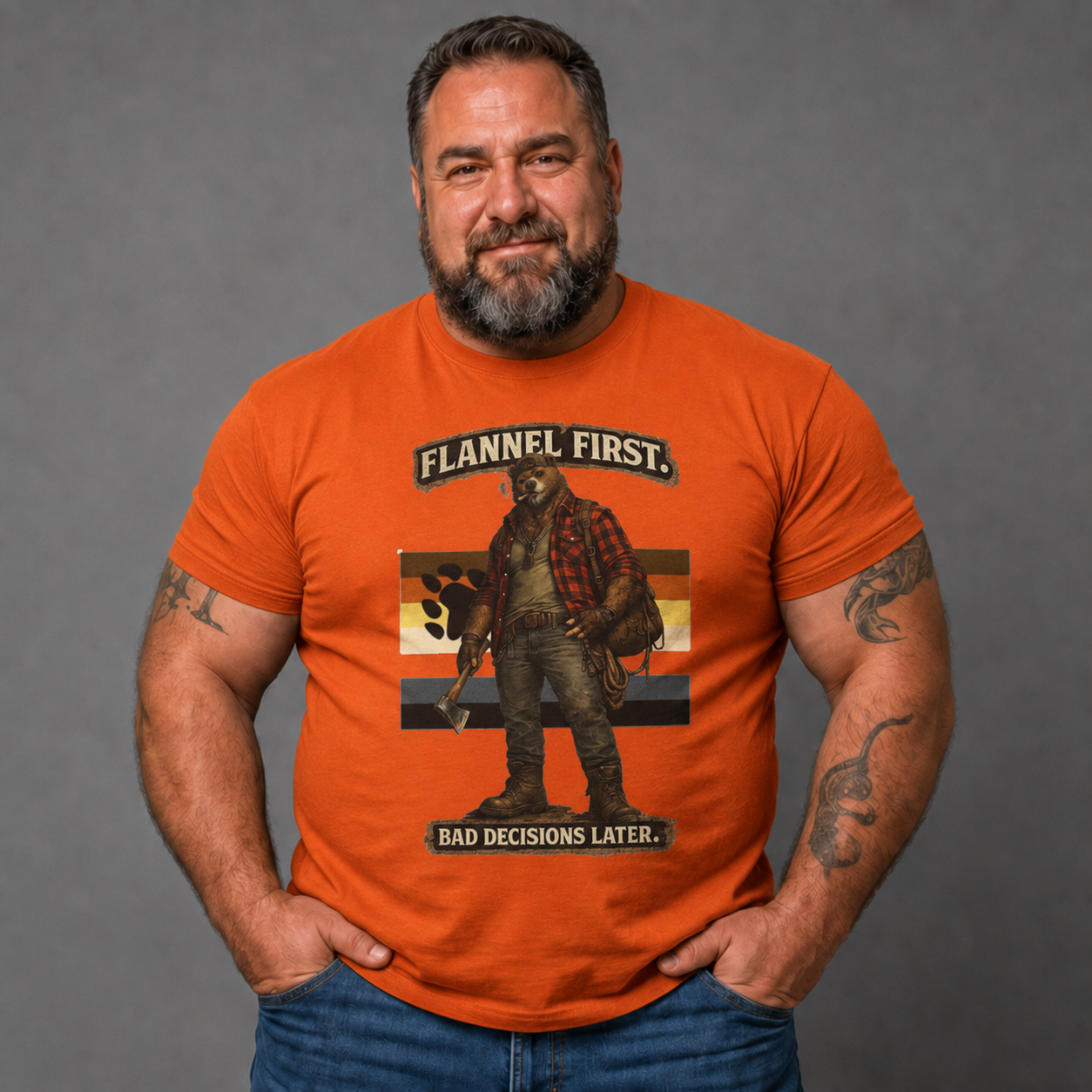 Flannel First Tee — 'Flannel First, Bad Decisions Later' Lumberjack Graphic T-Shirt, Bear shirt for Bear men.
