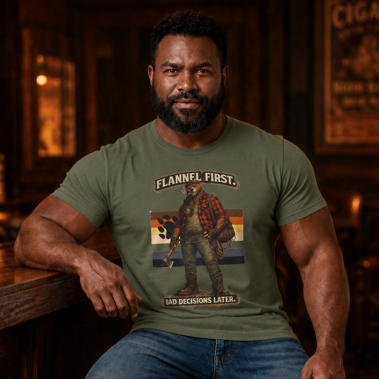 Flannel First Tee — 'Flannel First, Bad Decisions Later' Lumberjack Graphic T-Shirt, Bear shirt for Bear men.