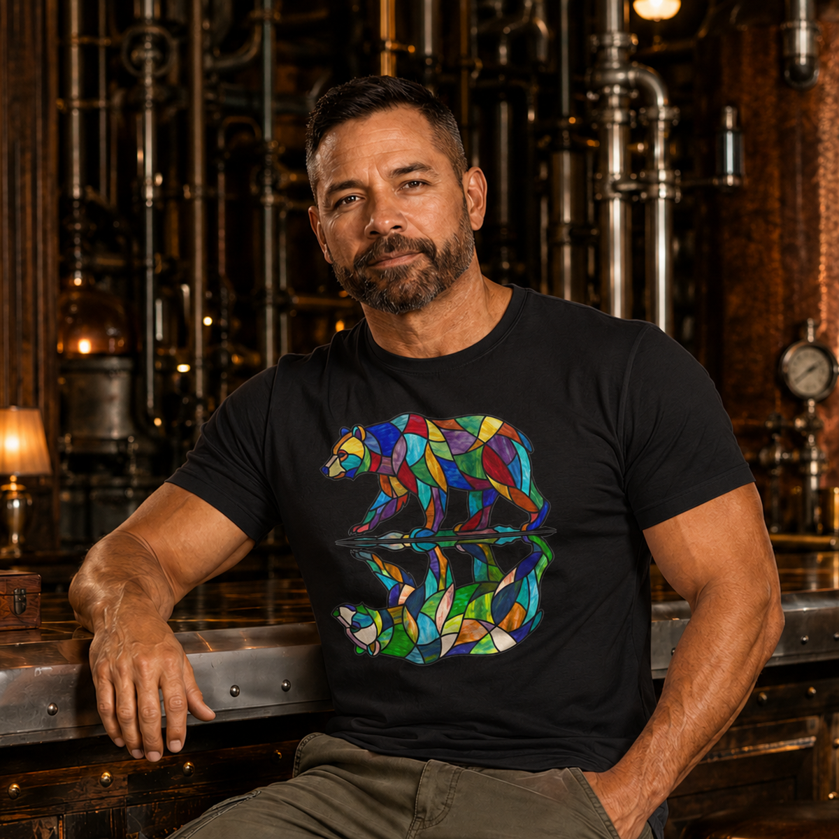 Stained Glass Bear Reflection T-Shirt — Colorful Nature Graphic Tee