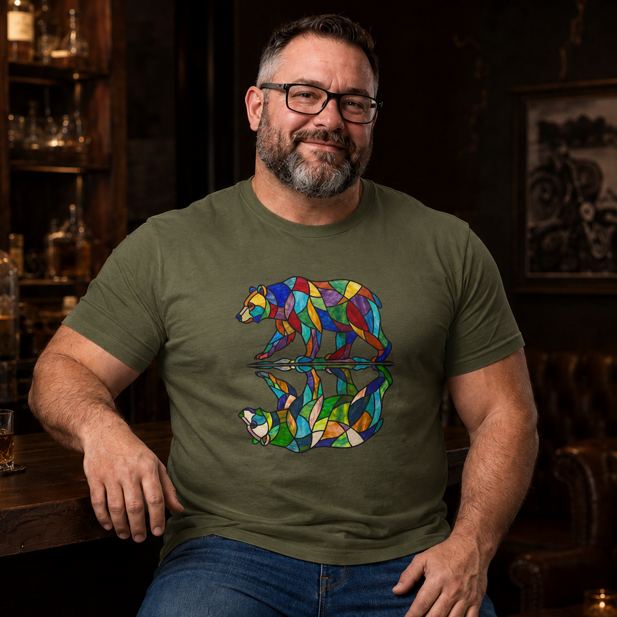 Stained Glass Bear Reflection T-Shirt — Colorful Nature Graphic Tee