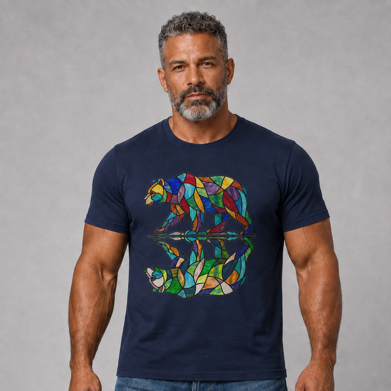 Stained Glass Bear Reflection T-Shirt — Colorful Nature Graphic Tee