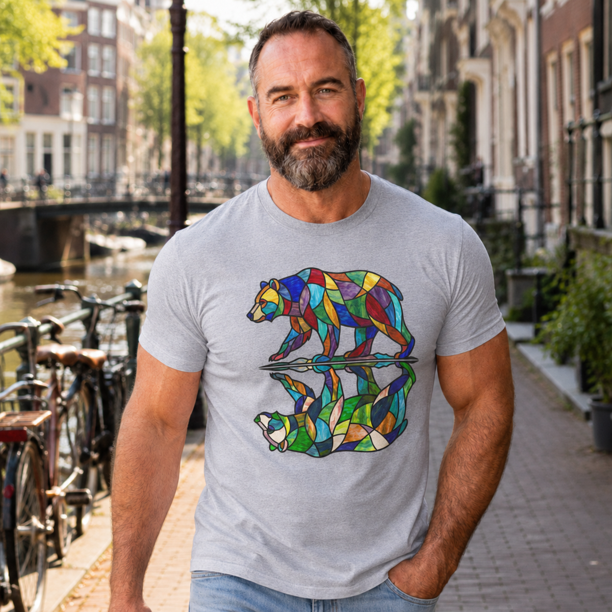 Stained Glass Bear Reflection T-Shirt — Colorful Nature Graphic Tee