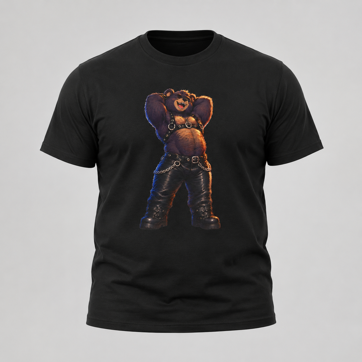 Bear in Leather Tee — Funny Confident Bear Graphic T-Shirt
