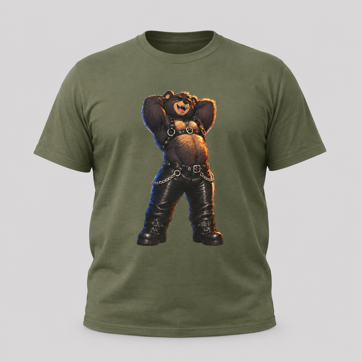 Bear in Leather Tee — Funny Confident Bear Graphic T-Shirt