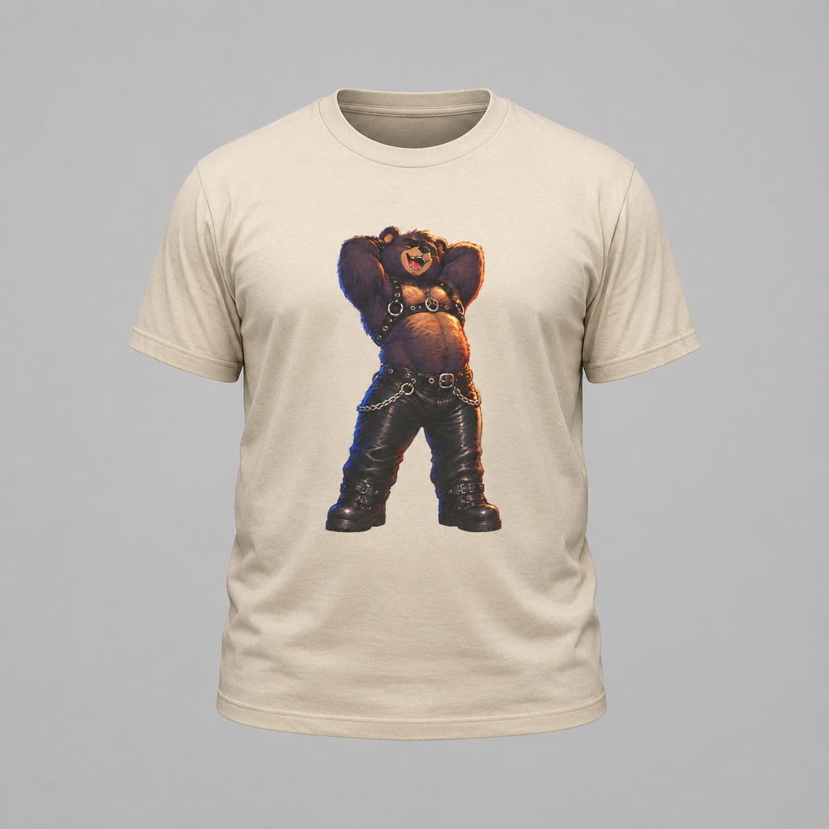 Bear in Leather Tee — Funny Confident Bear Graphic T-Shirt