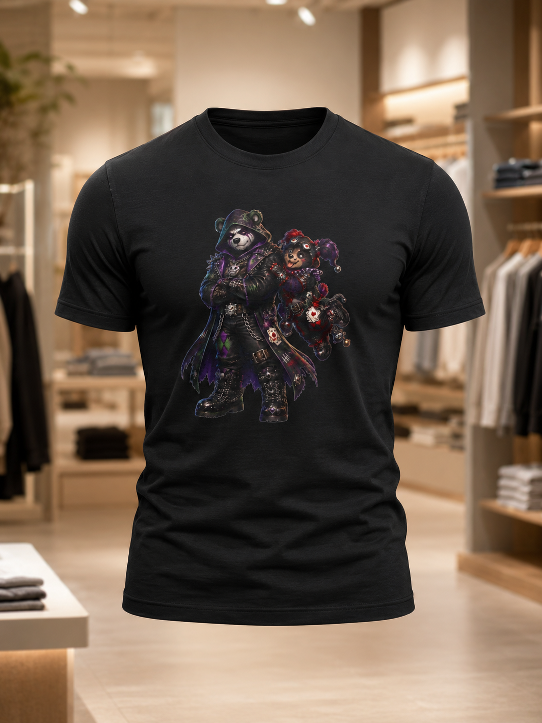 Gothic Bear Duo T-Shirt. Dark Night biker bear mashup tee. Hardly Joking around in Gothic gear.