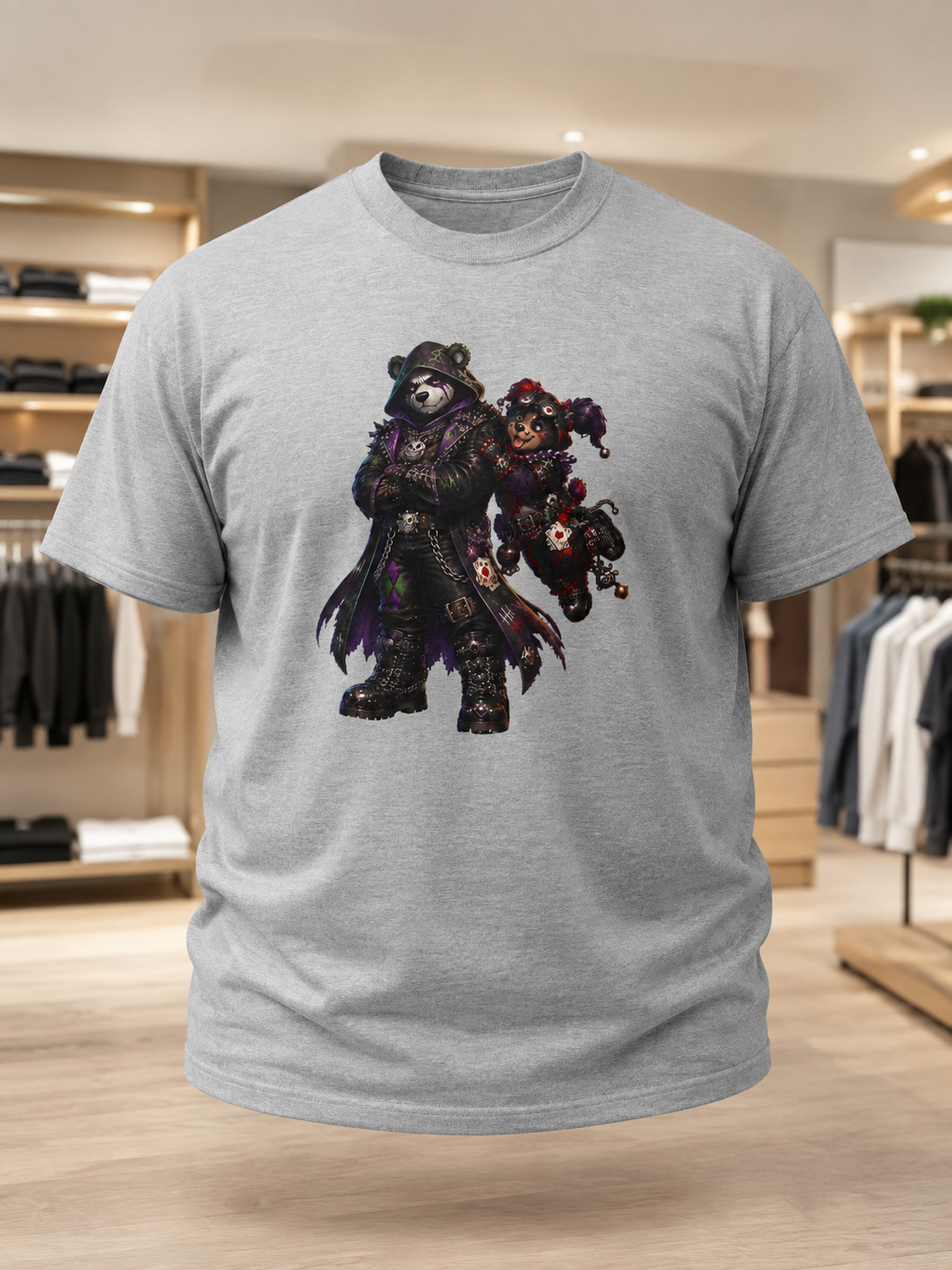 Gothic Bear Duo T-Shirt. Dark Night biker bear mashup tee. Hardly Joking around in Gothic gear.