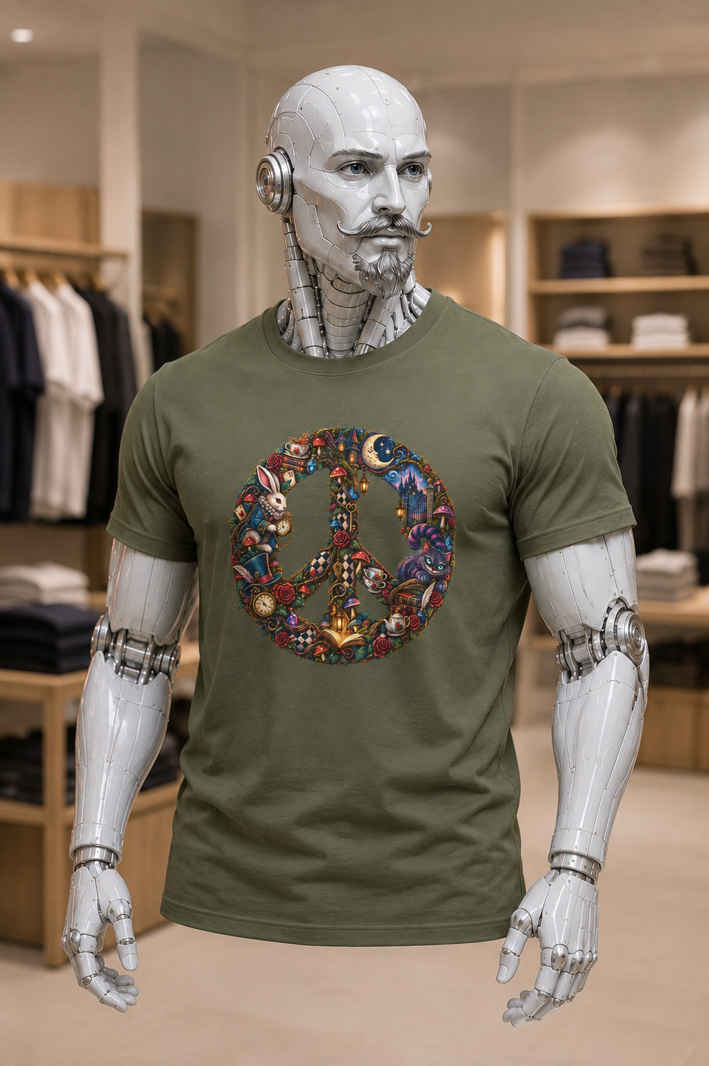 Peace Sign Floral T‑Shirt — Retro Hippie Peace Symbol Graphic Tee. Cheshire whimsy.